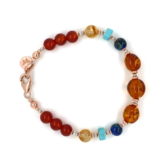 GOLD PLATED AMBER BRACELET WITH AZORITE , CITRINE , TURQUOISE , RED AGATE