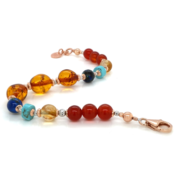 GOLD PLATED AMBER BRACELET WITH AZORITE , CITRINE , TURQUOISE , RED AGATE