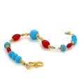 GOLD PLATED TURQUOISE BRACELET WITH RED CORAL AND PEARL