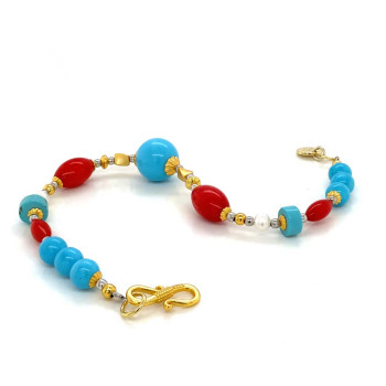 GOLD PLATED TURQUOISE BRACELET WITH RED CORAL AND PEARL