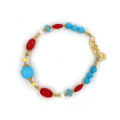GOLD PLATED TURQUOISE BRACELET WITH RED CORAL AND PEARL
