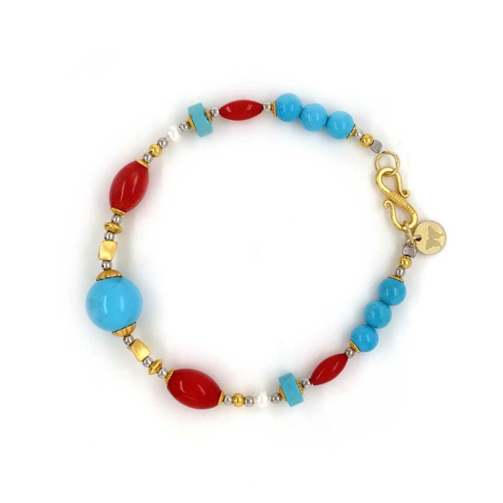 GOLD PLATED TURQUOISE BRACELET WITH RED CORAL AND PEARL