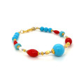 GOLD PLATED TURQUOISE BRACELET WITH RED CORAL AND PEARL