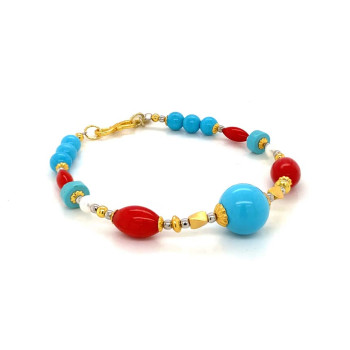 GOLD PLATED TURQUOISE BRACELET WITH RED CORAL AND PEARL