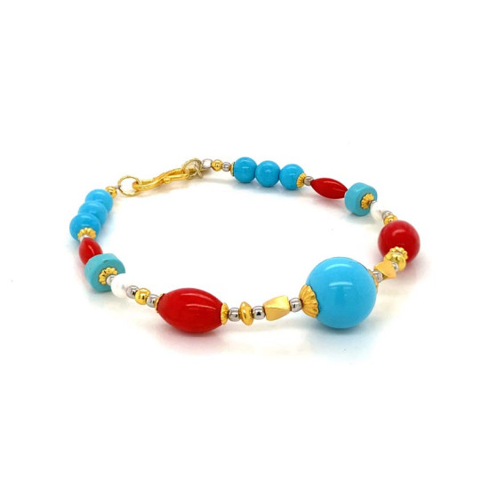 GOLD PLATED TURQUOISE BRACELET WITH RED CORAL AND PEARL