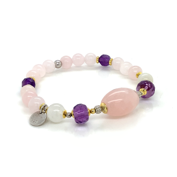 GOLD PLATED 18K  PINK QUARTZ BRACELET WITH AMETHYST AND MOON STONE .  