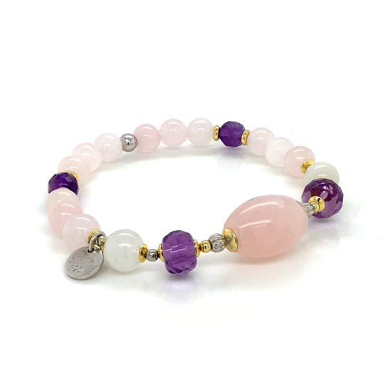 GOLD PLATED 18K  PINK QUARTZ BRACELET WITH AMETHYST AND MOON STONE .  
