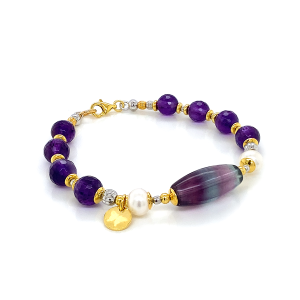GOLD PLATED FLUORITE BRACELET WITH PEARLS AND AMETHYST 