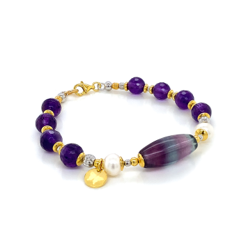 GOLD PLATED FLUORITE BRACELET WITH PEARLS AND AMETHYST 
