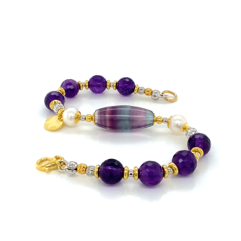 GOLD PLATED FLUORITE BRACELET WITH PEARLS AND AMETHYST 
