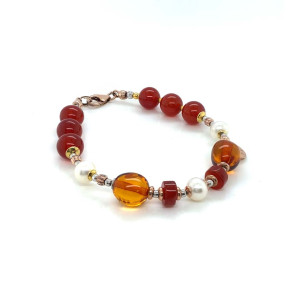 HONEY AMBER BRACELET WITH PEARLS AND RED AGATE