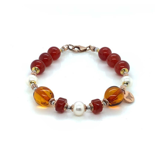 HONEY AMBER BRACELET WITH PEARLS AND RED AGATE