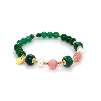 GOLD PLATED JAD BRACELET WITH MALACHITE , RHODOCHROSITE, PEARLS AND GREEN AGATE