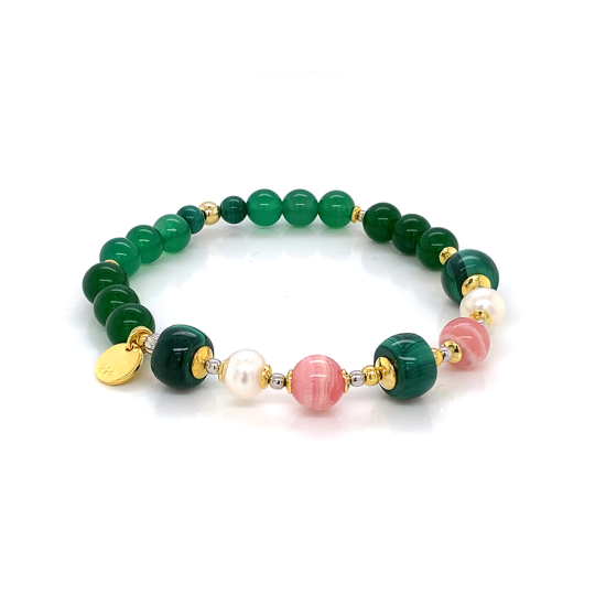 GOLD PLATED JAD BRACELET WITH MALACHITE , RHODOCHROSITE, PEARLS AND GREEN AGATE GOLD PLATED JAD BRACELET WITH MALACHITE , RHODOCHROSITE, PEARLS AND GREEN AGATE