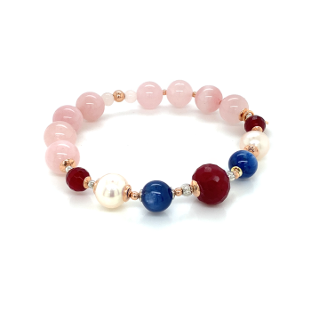 GOLD PLATED RUBI BRACELET WITH KYANITE , PEARLS AND PINK QUARTZ 