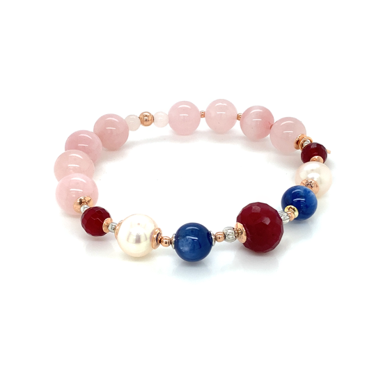 GOLD PLATED RUBI BRACELET WITH KYANITE , PEARLS AND PINK QUARTZ GOLD PLATED RUBI BRACELET WITH KYANITE , PEARLS AND PINK QUARTZ