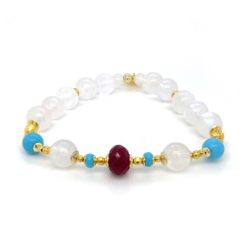GOLD PLATED 18K RUBY BRACELET WITH TURQUOISE AND MOON STONE .