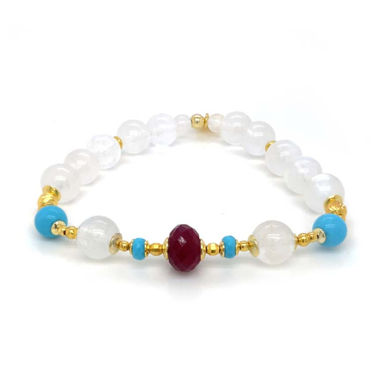 GOLD PLATED 18K RUBY BRACELET WITH TURQUOISE AND MOON STONE .
