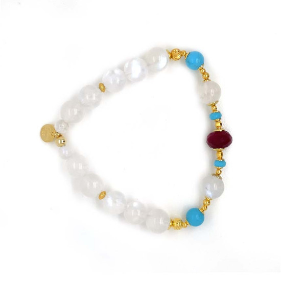 GOLD PLATED 18K RUBY BRACELET WITH TURQUOISE AND MOON STONE .