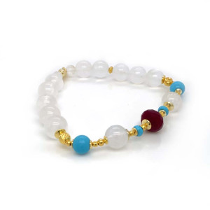 GOLD PLATED 18K RUBY BRACELET WITH TURQUOISE AND MOON STONE .