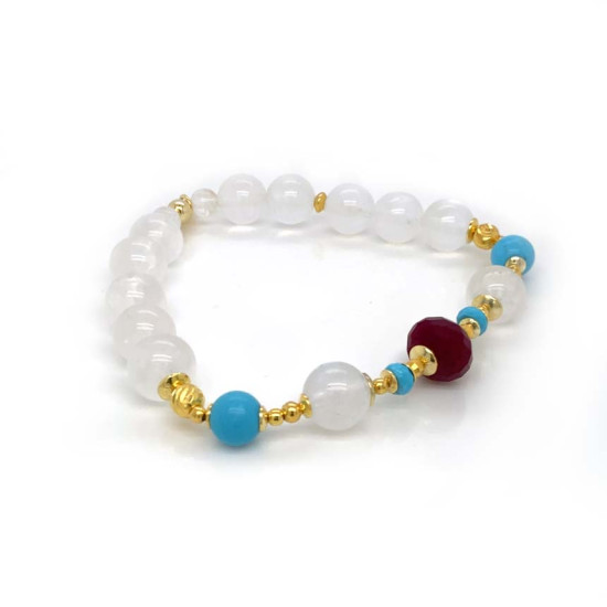 GOLD PLATED 18K RUBY BRACELET WITH TURQUOISE AND MOON STONE .