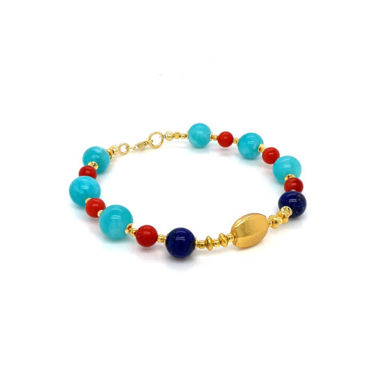 24K GOLD PLATED AMAZONITE BRACELET WITH LAPIS AND RED CORAL 24K GOLD PLATED AMAZONITE BRACELET WITH LAPIS AND RED CORAL