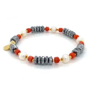 18K GOLD PLATED PEARL BRACELET WITH HEMATITE AND CORAL