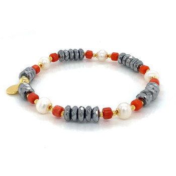 18K GOLD PLATED PEARL BRACELET WITH HEMATITE AND CORAL