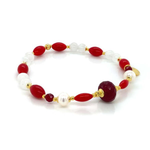 18K GOLD PLATED RUBI BRACELET WITH PEARLS , RED CORAL , MOONSTONE AND RUBI AGATE