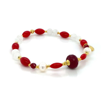 18K GOLD PLATED RUBI BRACELET WITH PEARLS , RED CORAL , MOONSTONE AND RUBI AGATE