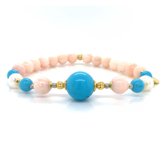 GOLD PLATED BRACELET WITH TURQUOISE , PEARLS , TURQUOISE AND PINK CORL GOLD PLATED BRACELET WITH TURQUOISE , PEARLS , TURQUOISE AND PINK CORL
