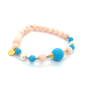 GOLD PLATED BRACELET WITH TURQUOISE , PEARLS , TURQUOISE AND PINK CORL