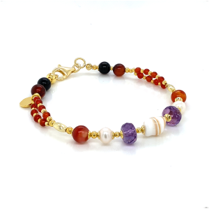 GOLD PLATED SHELL BRACELET WITH AMETHYST , PEARLS , RED AGATE AND EGYPTIAN AGATE 