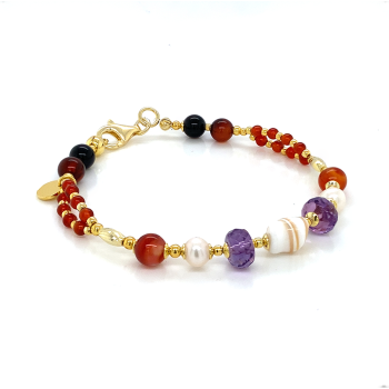 GOLD PLATED SHELL BRACELET WITH AMETHYST , PEARLS , RED AGATE AND EGYPTIAN AGATE 