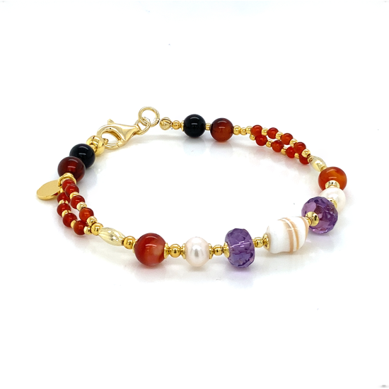 GOLD PLATED SHELL BRACELET WITH AMETHYST , PEARLS , RED AGATE AND EGYPTIAN AGATE GOLD PLATED SHELL BRACELET WITH AMETHYST , PEARLS , RED AGATE AND EGYPTIAN AGATE