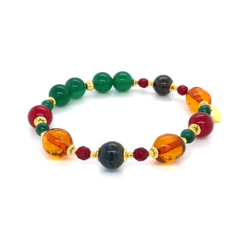 18K GOLD PLATED AMBER BRACELET WITH AZORITE , GREEN AGATE , RUBI AGATE , JAIDE
