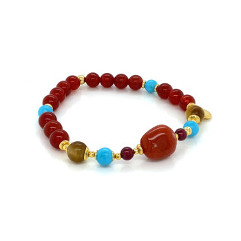 18K GOLD PLATED OPAL BRACELET WITH GARNET, TURQUOISE, GOLD TIGER EYE AND RED AGATE