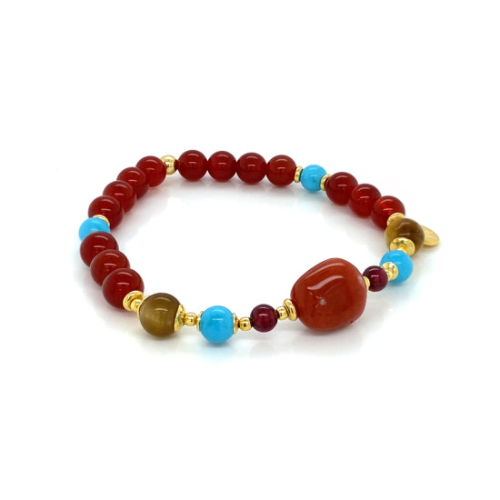 18K GOLD PLATED OPAL BRACELET WITH GARNET, TURQUOISE, GOLD TIGER EYE AND RED AGATE