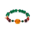 18K GOLD PLATED AMBER BRACELET WITH JADE, RED AGATE, QUARTZ AND GREEN AGATE