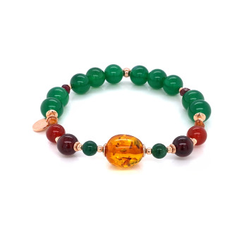 18K GOLD PLATED AMBER BRACELET WITH JADE, RED AGATE, QUARTZ AND GREEN AGATE