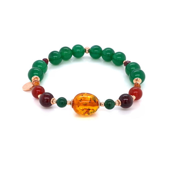 18K GOLD PLATED AMBER BRACELET WITH JADE, RED AGATE, QUARTZ AND GREEN AGATE