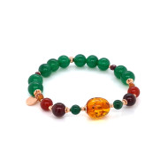 18K GOLD PLATED AMBER BRACELET WITH JADE, RED AGATE, QUARTZ AND GREEN AGATE