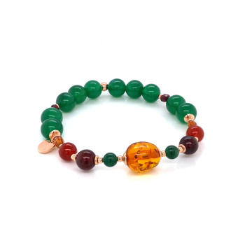 18K GOLD PLATED AMBER BRACELET WITH JADE, RED AGATE, QUARTZ AND GREEN AGATE