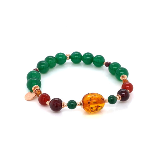 18K GOLD PLATED AMBER BRACELET WITH JADE, RED AGATE, QUARTZ AND GREEN AGATE