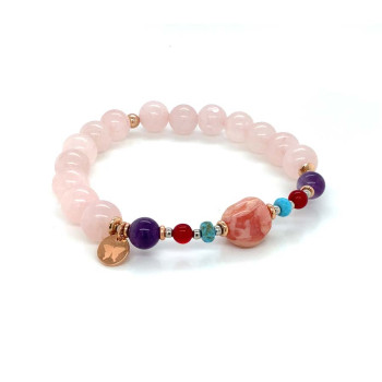 GOLD PLATED PINK OPAL BRACELET WITH TURQUOISE , RUBI AGATE , AMETHYST AND PINK QURTZ