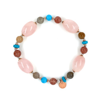 18K GOLD PLATED PINK QUARTZ BRACELET WITH AQUAMARINE, COLORED MOONSTONE, TURQUOISE AND CHERRY QUARTZ