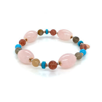 18K GOLD PLATED PINK QUARTZ BRACELET WITH AQUAMARINE, COLORED MOONSTONE, TURQUOISE AND CHERRY QUARTZ