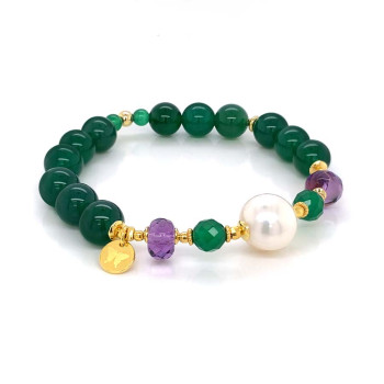 GOLD PLATED PEARL BRACELET WITH GREEN AGATE AND AMETHYST 