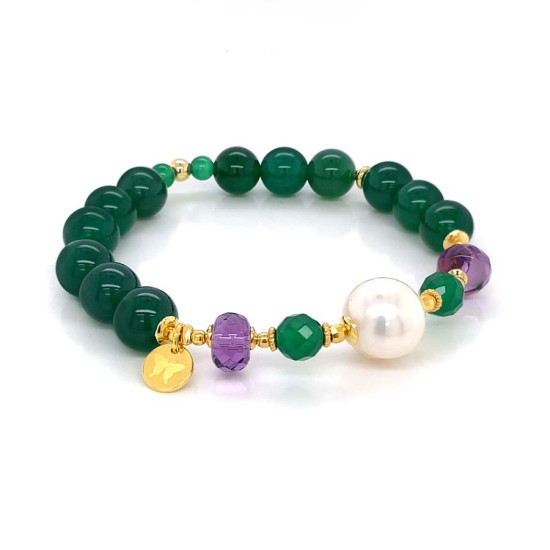 GOLD PLATED PEARL BRACELET WITH GREEN AGATE AND AMETHYST GOLD PLATED PEARL BRACELET WITH GREEN AGATE AND AMETHYST