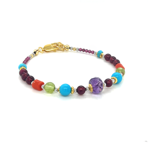 18K GOLD PLATED AMETHYST BRACELET WITH GARNET , TURQUOISE , CORAL AND PEIDOT 